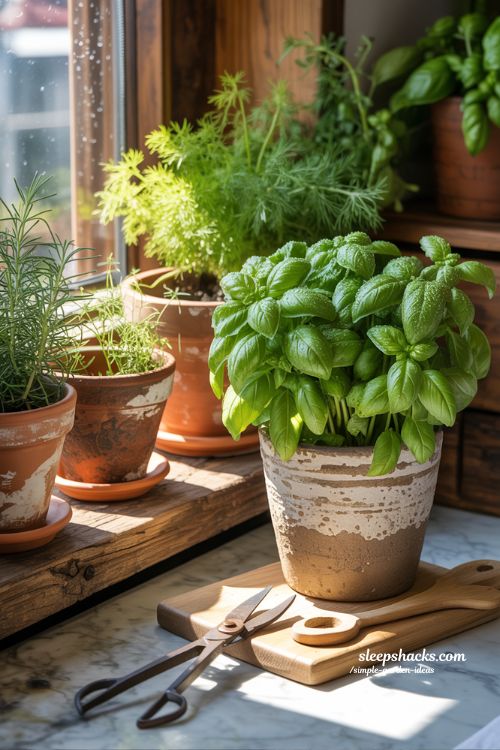 Simple herb garden ideas for fresh kitchen herbs on a windowsill