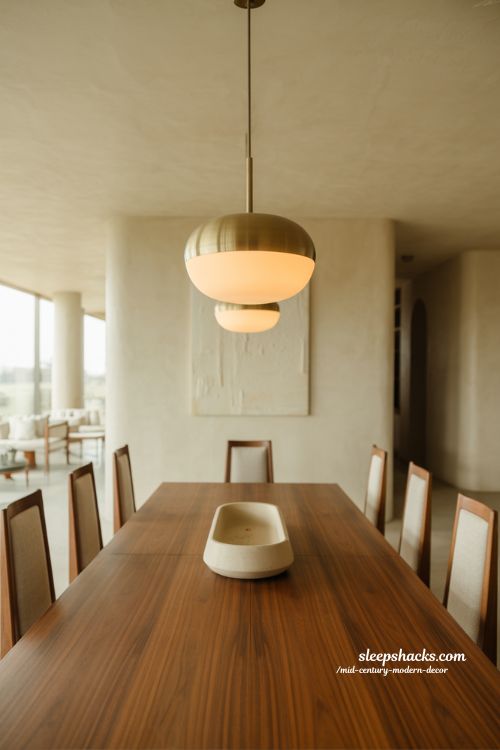 Simple mid-century modern dining space with walnut table slim chairs and soft pendant lighting