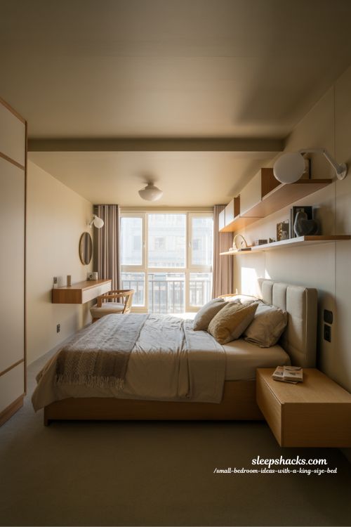 Small Bedroom Ideas With A King Size Bed Featuring Floating Furniture