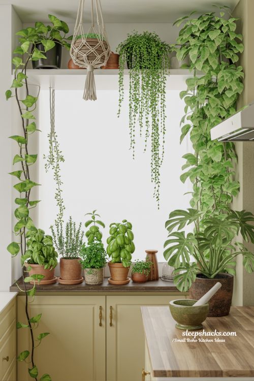 Small Boho Kitchen Jungle with Hanging Plants and Window Herbs