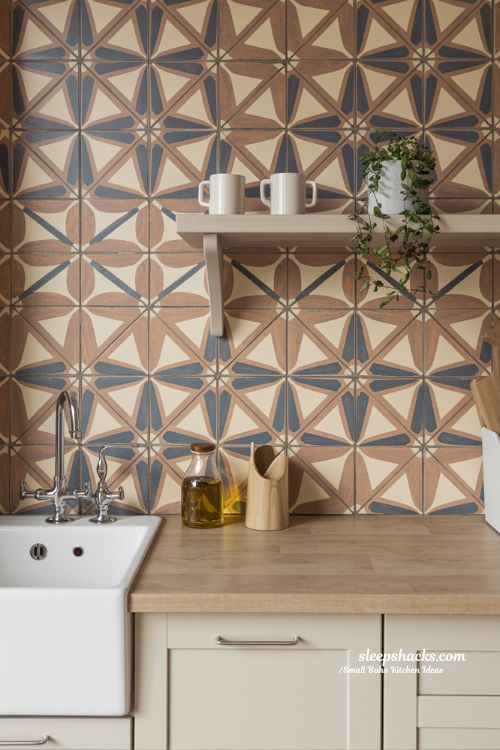 Small Boho Kitchen with Bold Geometric Tile Backsplash and Wood Accents