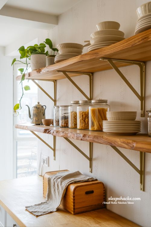 Small Boho Kitchen with Functional Live-Edge Open Shelving and Stoneware