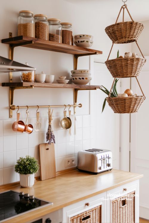 Small Boho Kitchen with Smart Vertical Storage and Brass Accents