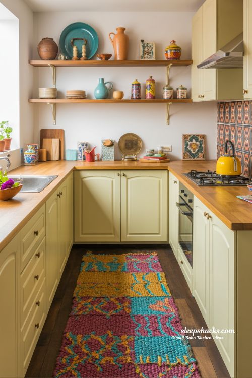 Small Colorful Boho Kitchen with Vibrant Rug and Eclectic Ceramics