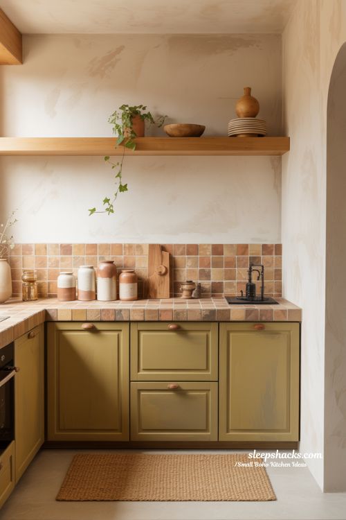 Small Earthy Boho Kitchen with Olive Cabinets and Terracotta Tiles