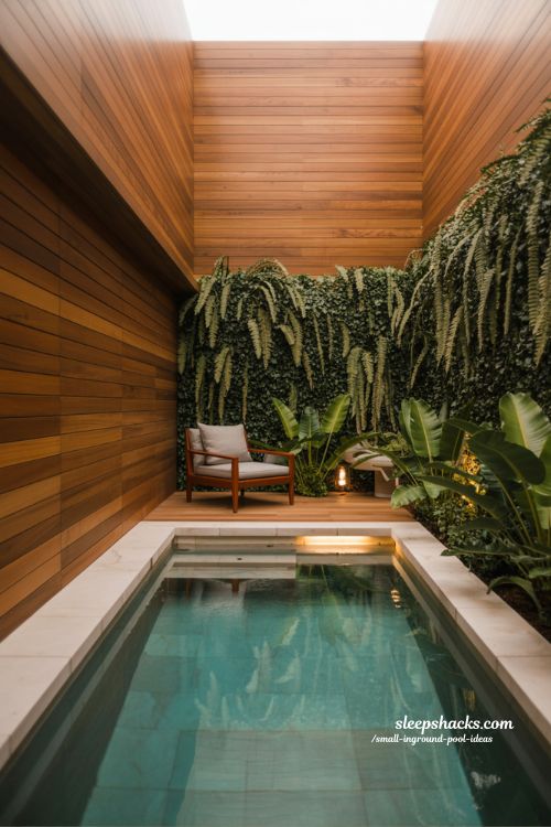 Small Enclosed Inground Plunge Pool with Cedar Wood Fencing and Lush Greenery