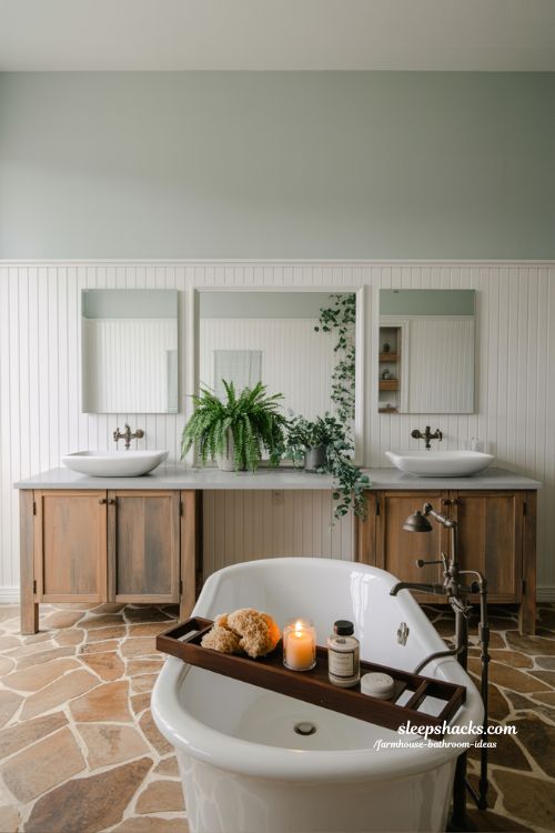 Professional interior design photography capturing a warm and lived-in farmhouse bathroom, focusing on the use of decorative textiles to create a cozy atmosphere. The entire scene is in crystal-clear, deep focus from the foreground to the background wall, featuring absolutely no bokeh or blur. The lower half of the walls features crisp white vertical shiplap paneling, while the upper walls are painted a soft, neutral light beige. The flooring consists of large, matte-finish travertine stone tiles in a warm tan and brown hue. A large, handmade braided jute rug in natural fiber is prominent on the floor. A classic white clawfoot tub sits prominently on the tile floor, angled slightly. Behind the tub is a large window with privacy glass and a set of soft, cream-colored linen curtains tied back with simple cotton ties. Above the tub, a reclaimed wood caddy holds a thick, cream-colored cotton bathmat and a stack of fluffy, cream cotton towels, with a large, woven basket holding more textiles. A simple, natural oak vanity with a vessel sink is opposite the tub, topped with a small, green eucalyptus plant in a smooth grey ceramic pot. Every texture, from the rug weave and curtain linen to the shiplap seams and the towel weave, is rendered in ultra-realistic 8k resolution, appearing tactile and crisp. The space is entirely uncluttered, with minimal decor.