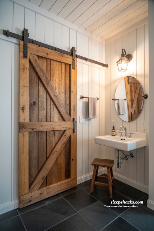 Small Farmhouse Bathroom with Space-Saving Reclaimed Wood Sliding Barn Door