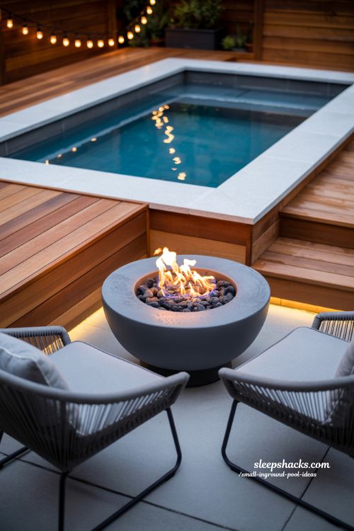 Small Inground Plunge Pool with Integrated Gas Fire Pit and Evening Ambient Lighting