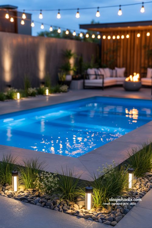 Small Inground Pool with Warm Evening Ambience and Integrated Layered Lighting Design