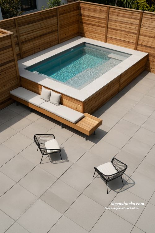 Small Modern L-Shaped Corner Inground Pool with Seamless White Decking and Corner Seating