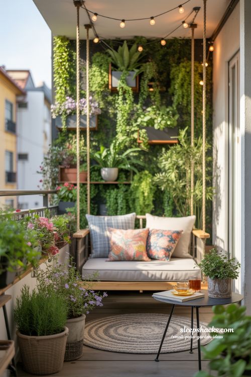 Small Patio Garden Ideas with Cozy Bench Swing