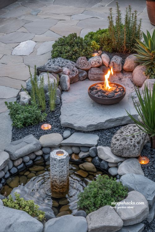 Small Rock Garden Ideas featuring Water and Fire Features for a Cozy Atmosphere