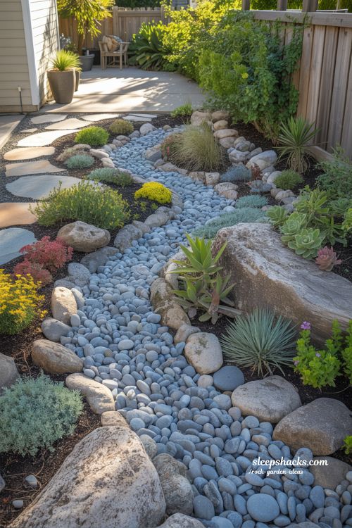 Small Rock Garden Ideas featuring a Natural Dry River Bed Design