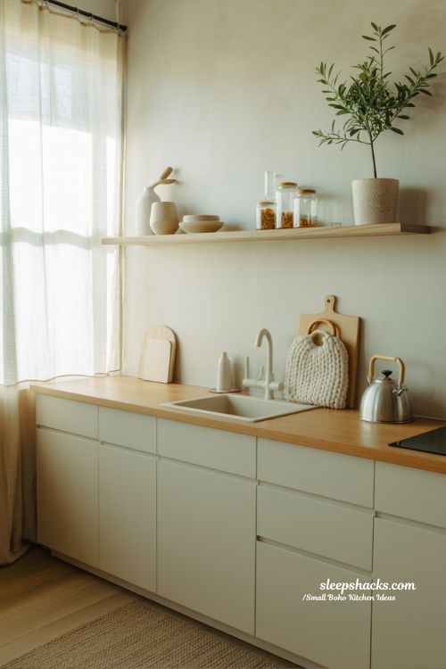 Small Scandi-Boho Kitchen with Natural Wood and White Decor