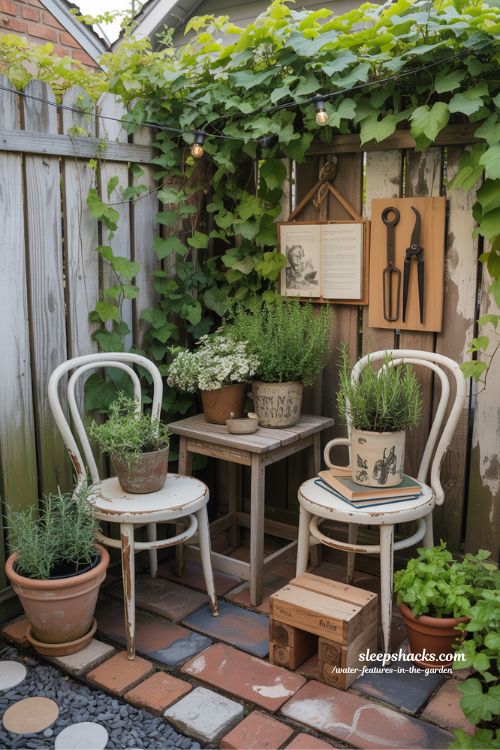 Small backyard design featuring clever zoning with an outdoor rug gravel garden and stone path to make a tiny yard feel larger.