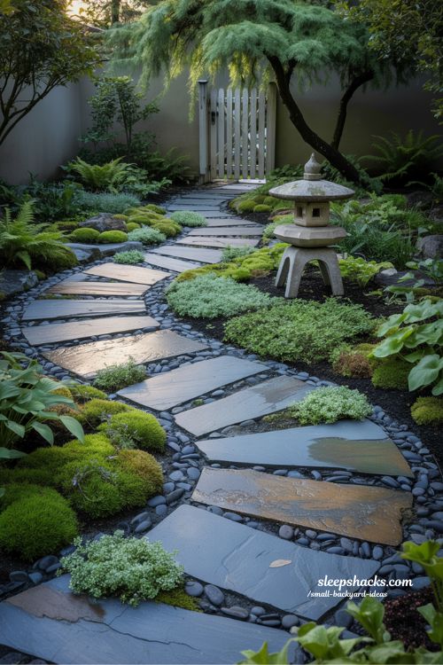 Small backyard pathway ideas using irregular flagstone and moss to create a natural and structured garden walkway