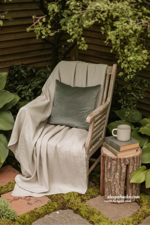 Small backyard seating ideas featuring a cozy reading nook with a wooden armchair and linen textiles in a leafy garden corner