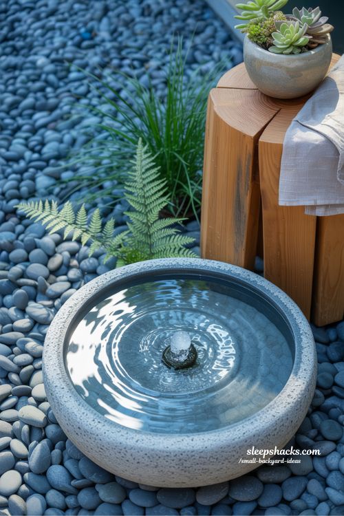 Small backyard water feature ideas using a stone bowl fountain and river pebbles to create a calming sensory garden nook