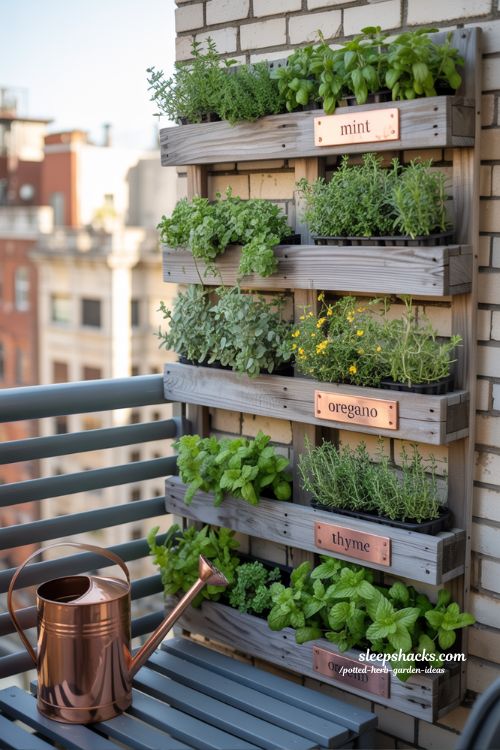 Small balcony vertical herb garden design ideas for urban apartment corner wall.