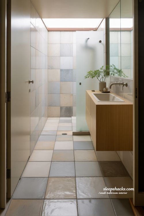 Small bathroom interior tile ideas with large format glossy neutral tiles seamless modern minimalist Japandi design spacious feel