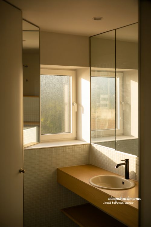 Small bathroom interior with natural light frosted window mirror reflection and Scandinavian minimalist design bright airy space