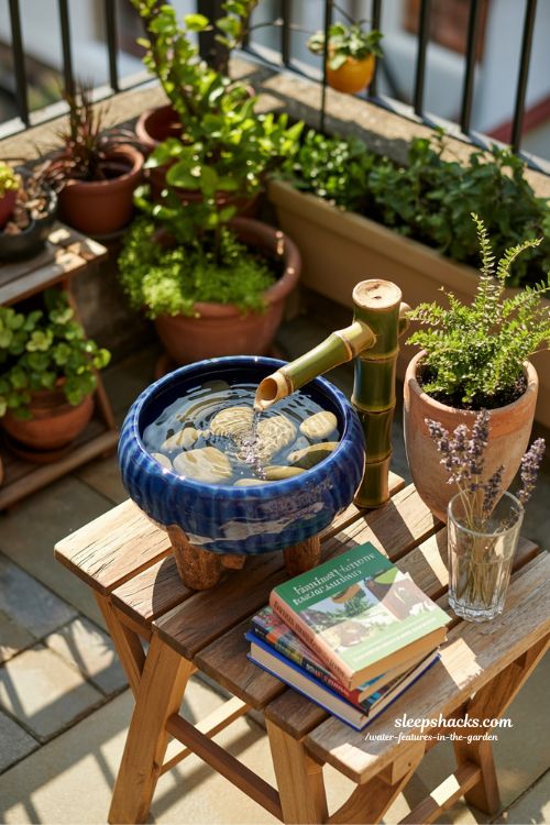 Small ceramic garden water fountain on a tiny wooden table with potted plants creating a cozy balcony retreat.