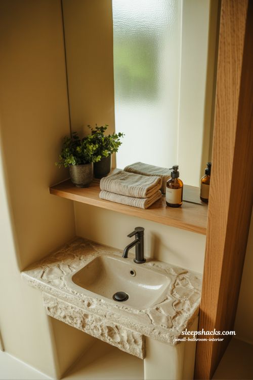 Small cozy natural bathroom interior with wood shelf stone sink and minimalist Japandi design