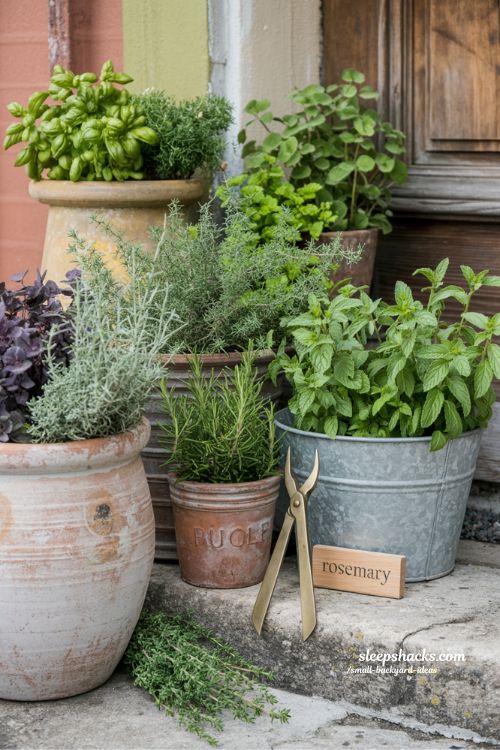 Small herb garden ideas using terracotta pots and vintage crocks to create a beautiful and practical kitchen garden nook