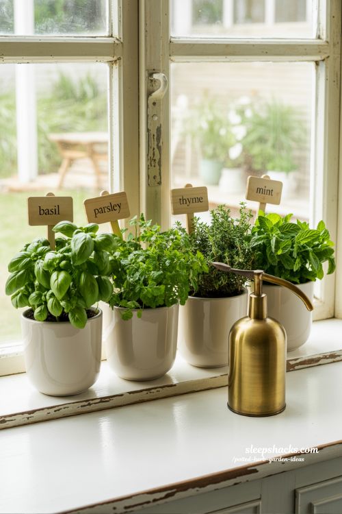 Small kitchen windowsill herb garden with four small ceramic pots and names.