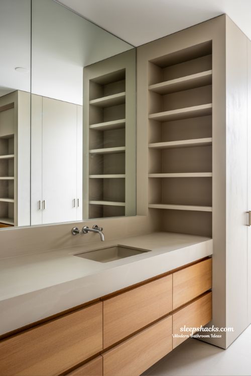 Smart Hidden Storage Modern Bathroom with Recessed Wall Cabinets and Mirror Storage