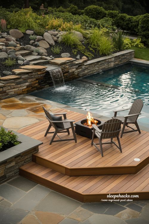 Smart Sloped Backyard Semi Inground Pool and Landscaping Ideas