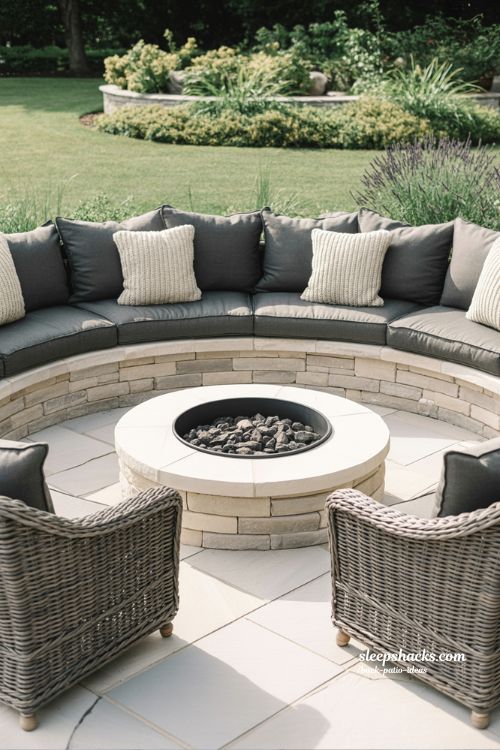 Social Fire Pit Seating Zone with Curved Stone Wall and Plush Cushions