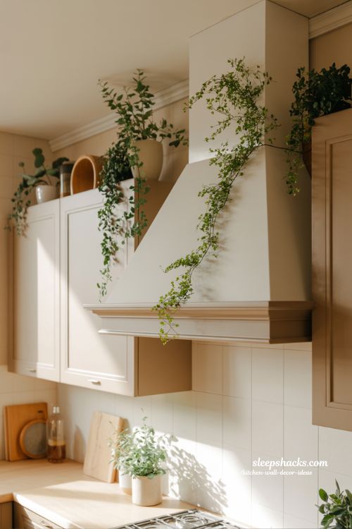 Soft Greenery Above Kitchen Cabinets for a Lived In Calm and Natural Kitchen Aesthetic