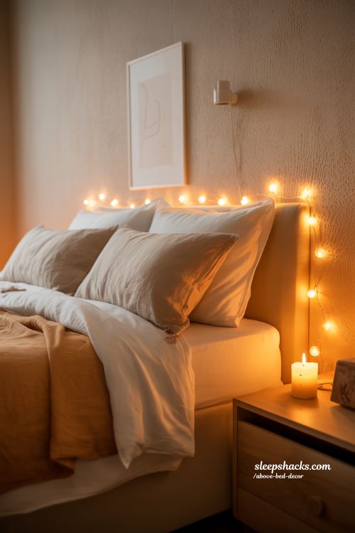 Soft lighting above bed decor that creates a warm and calming night bedroom