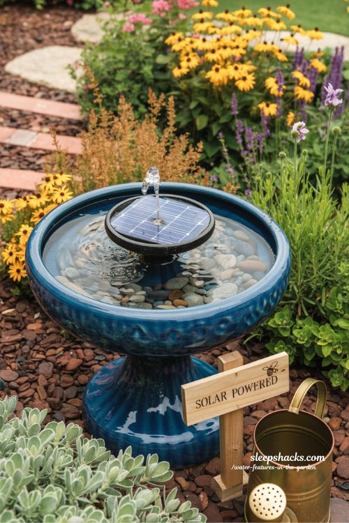 Solar powered ceramic birdbath fountain in a sunny garden border with blooming yellow flowers creating a sustainable water feature.