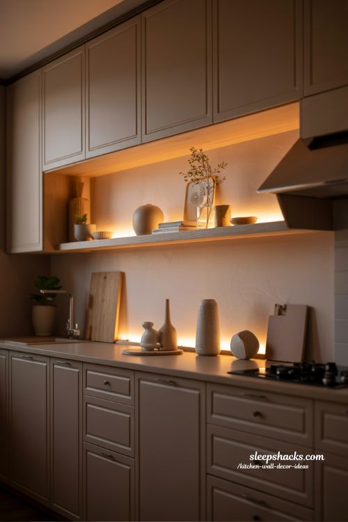 Statement Lighting Above Kitchen Cabinets Creating Warm Ambient Glow in Cozy Modern Kitchen