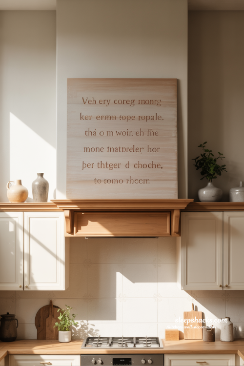 Statement Sign Above Kitchen Cabinets Creating a Calm Focal Point in Cozy Modern Kitchen