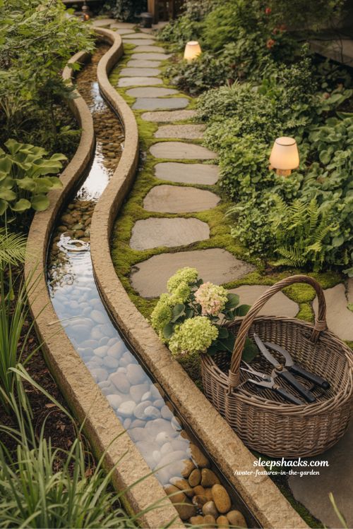 Stone garden pathway winding alongside a gentle water rill with soft lighting and natural plants inviting a peaceful walk.