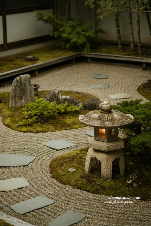 Stone lantern styling ideas in small japanese garden design with zen path moss gravel and soft evening glow