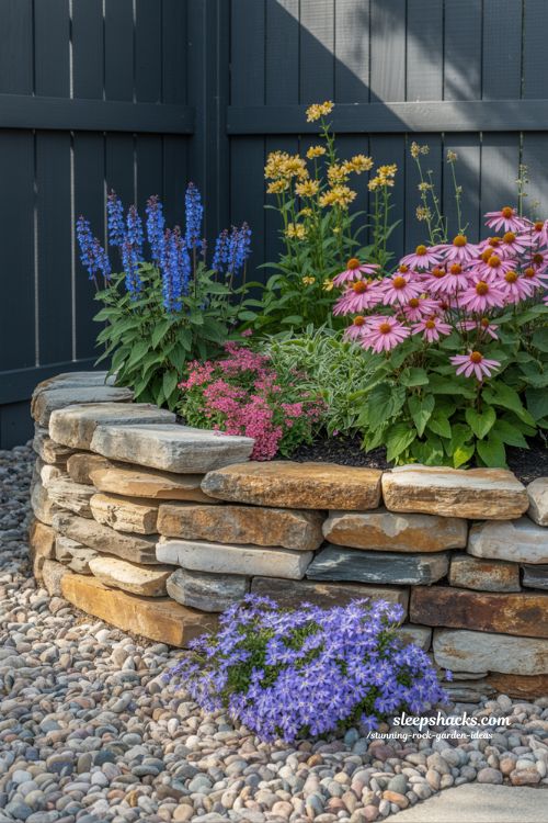Structured and Colorful Flower Bed Rock Garden Idea