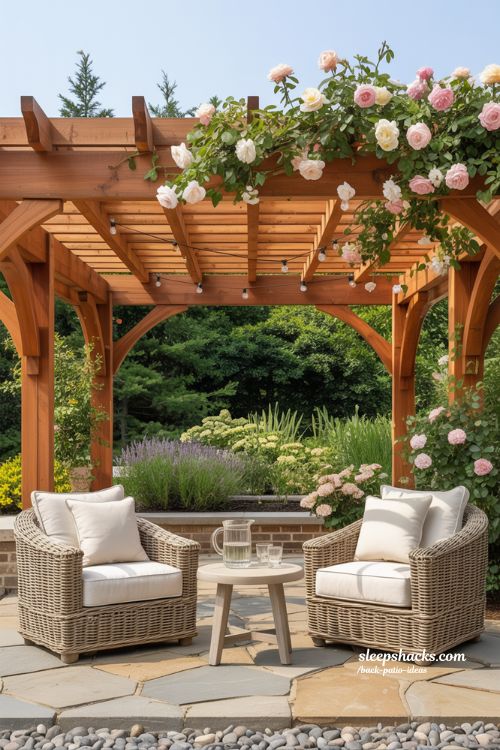 Stunning Timber Pergola with Climbing Roses and String Lights on a Stone Patio