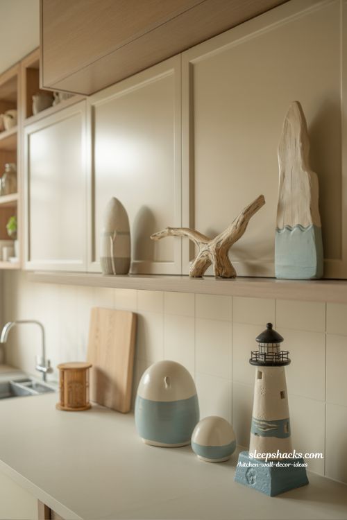 Subtle Nautical Themed Above Kitchen Cabinet Decor for a Fresh Coastal Inspired Kitchen