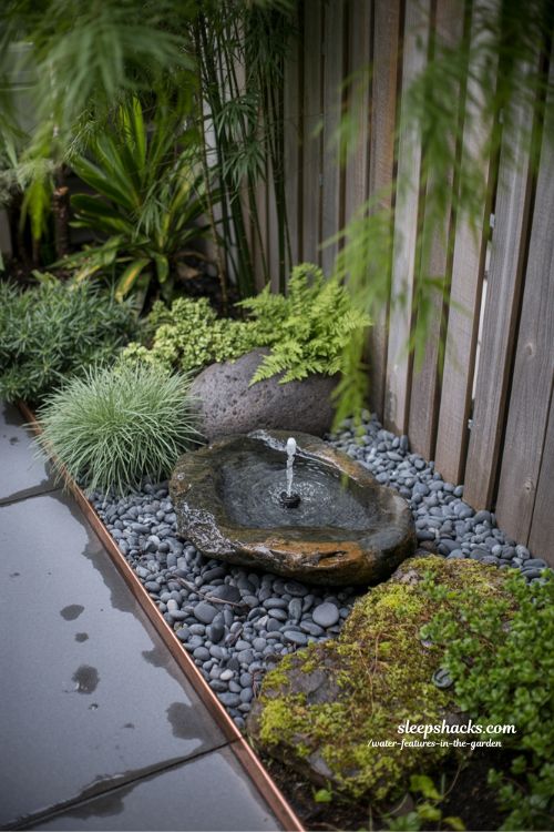 Subtle basalt rock bubbler water feature in a minimalist garden border among grasses and river stones creating a calming sound.