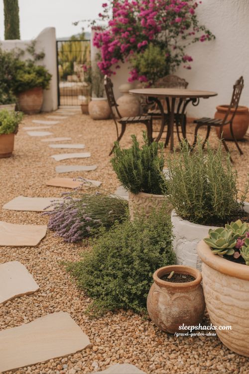 Sunny Mediterranean Gravel Garden with Wrought Iron Patio Furniture and Lavender