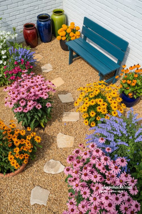 Sunny Summer Gravel Garden Bursting with Magenta, Yellow, and Blue Flowers