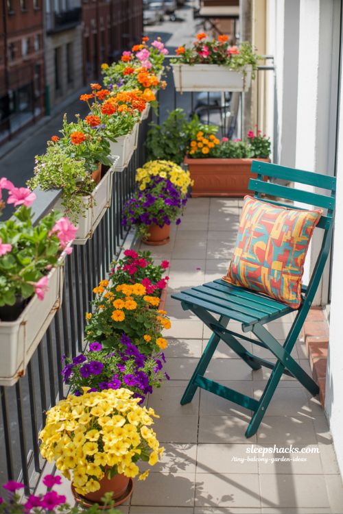 Sunny and Colorful Balcony Edge Garden with Mixed Blooms