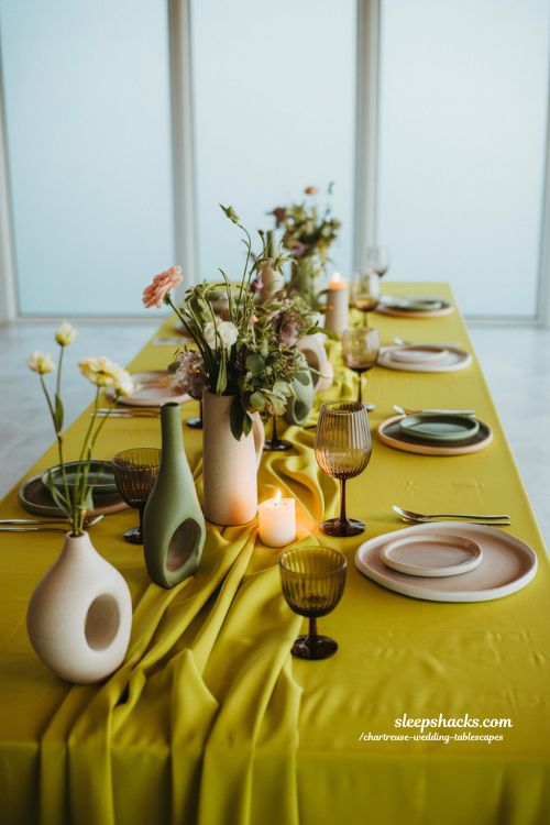 Surrealist and Artistic Chartreuse Wedding Tablescapes