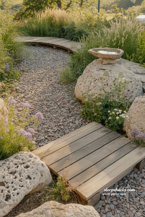 Sustainable Eco-Friendly Gravel Garden with Native Wildflowers and Reclaimed Timber