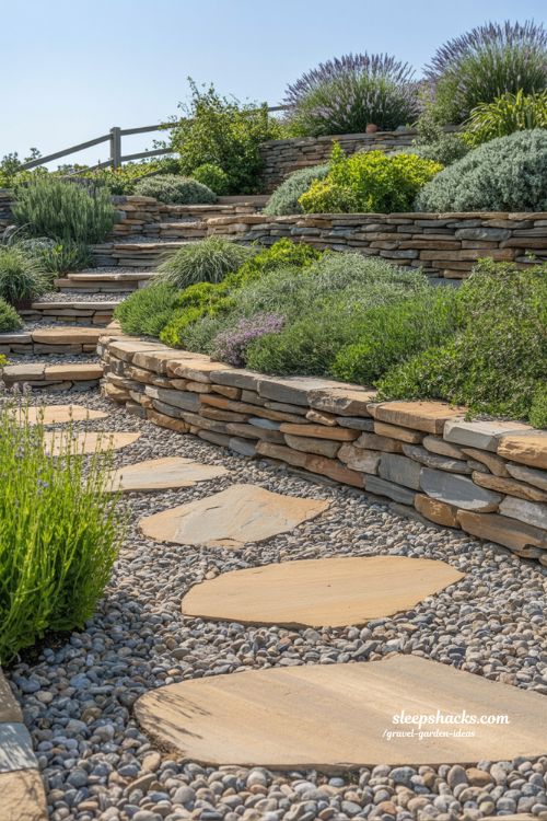 Terraced Sloped Gravel Garden with Fieldstone Retaining Walls and Lavender